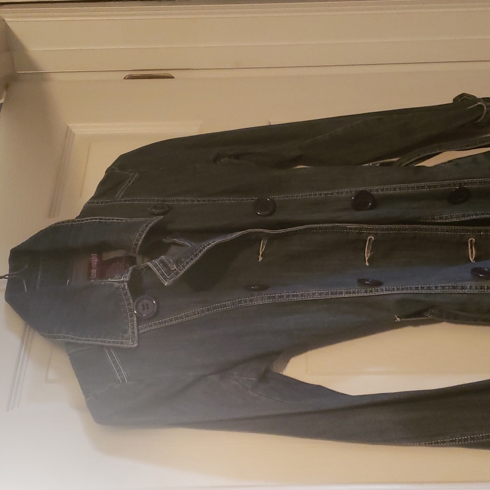 Juniors belted long jean jacket
